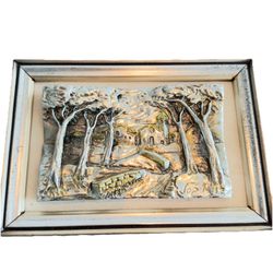 Sterling Silver Vintage Italian 800 3D Artwork Relief Countryside Church Metal