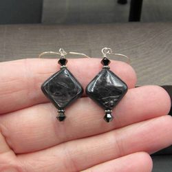 Sterling Silver Black Diamond Shape Stone Dangle Earrings Vintage