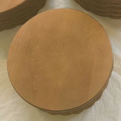Longaberger 2007 Decorative Handmade 9” Round Keeping Basket w/ Longaberger Custom Made Wooden Lid, Plastic Basket Protector/Storage w/ Lid  - VGC