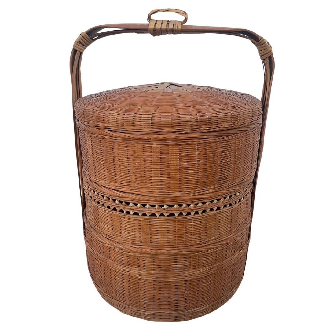 π 1940s Chinese 3-Tier Wedding Basket β Stacking Woven Rattan, Wicker, & Bamboo Tiffin π