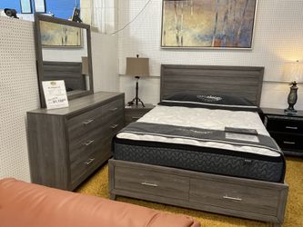 4pc Gray Queen Bedroom Set w/ Storage Bed, Dresser & Nightstand