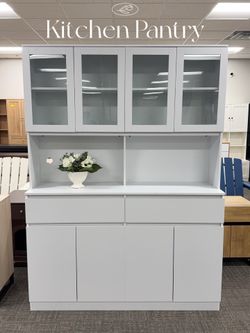 75" x 55" Kitchen Pantry Storage Cabinet with Glass Doors and Drawers, Wide Cabinet Hutch with Microwave Stand Coffee Bar, Food Pantry with Hutch Adju
