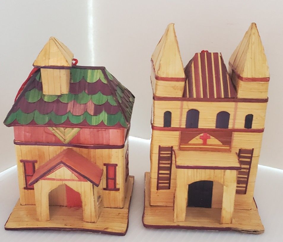 VTG Wheat Straw Balsa Wood Marquetry Victorian House Ornament Box Village Lot