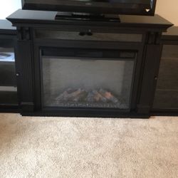 Black Fireplace / Tv Stand With Glass Door Shelving