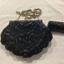 Black Beaded Evening Bag W/Matching Lipstick Case (Made In Hong Kong)