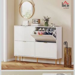HOMCOM 20 Pairs Shoe Cabinet Modern Narrow Shoe Cabinet with 4 Folding Drawers, Fluted Doors and Adjustable Shelves for Hallway and Entryway, 105 x 24