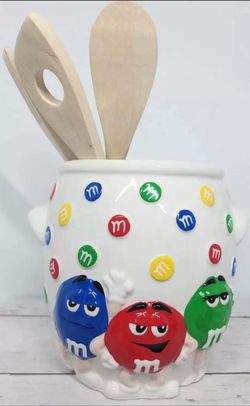 M&M's, Blue/Red/Green, Kitchen Utensil Crock w/3 Utensils, Vintage 2001