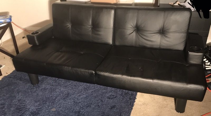 Black Leather Couch / Bed Futon