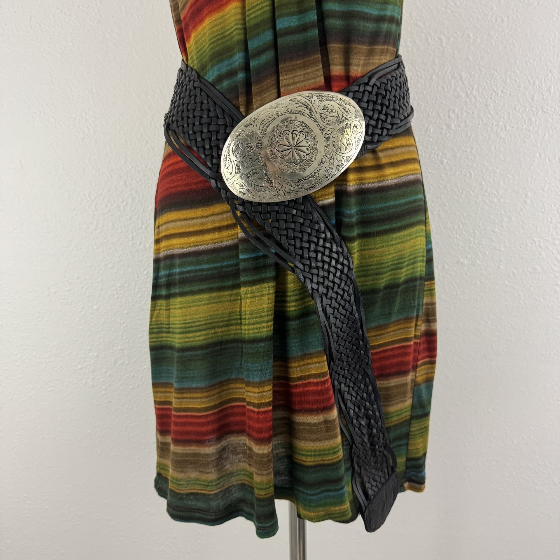 Vintage Black Leather Braided Silver Large Medallion Boho Engraved Morocco Belt