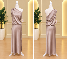 Champagne Satin One-Shoulder Blouson Maxi Dress