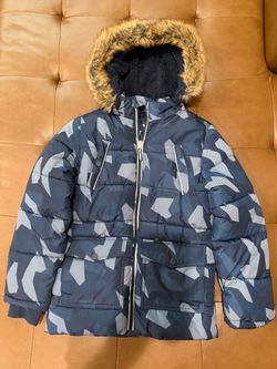 Boys Favorite Kids Hooded Puffer Jacket Blue/Gray Geometric Faux Fur Trim Size 8