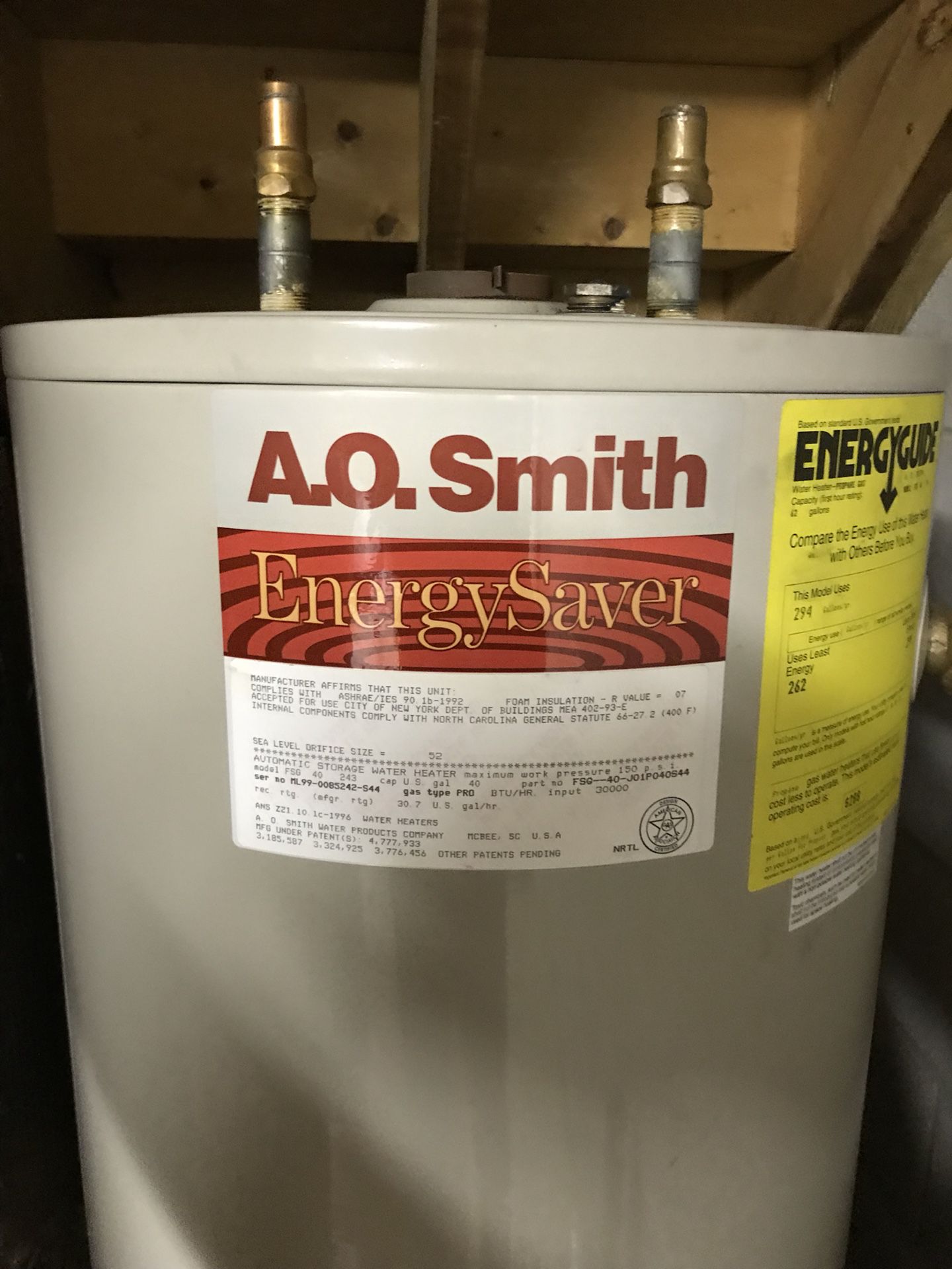 A.O.Smith Propane Water Heater-40 Gallon, 30,000BTU