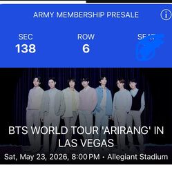 BTS Arirang Concert Ticket Las Vegas 5/23 Sat