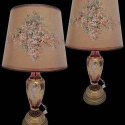 Pair Of Hand Painted Antique Table / Bedside Lamps