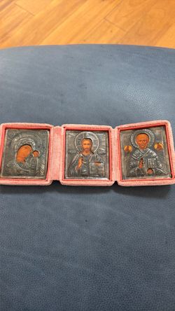 Antique Imperial Russian silver triptych folding travel icon stamped and in amazing condition
