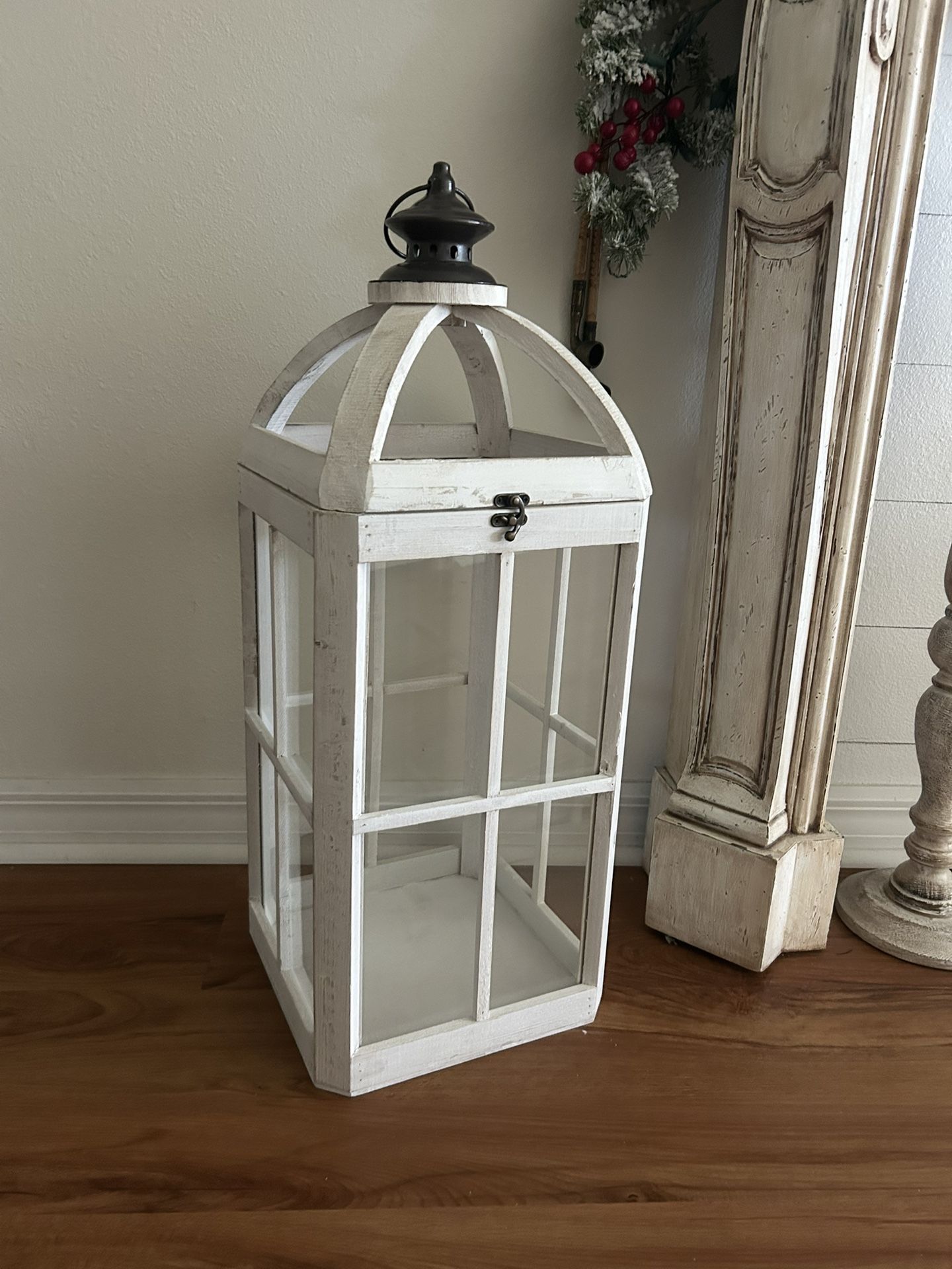 Decorative wooden lantern, white, 26” high, 10.5” wide, 10.5” deep. New. Bottom price $50.00.