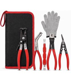 5PC Auto Electrical Pliers Kit,Disconnect & Hose Clamp Tools,Case 5 Pro Pliers, Bonus Cut-Resistant Gloves, Durable Iron, For Connector Removal & Trim