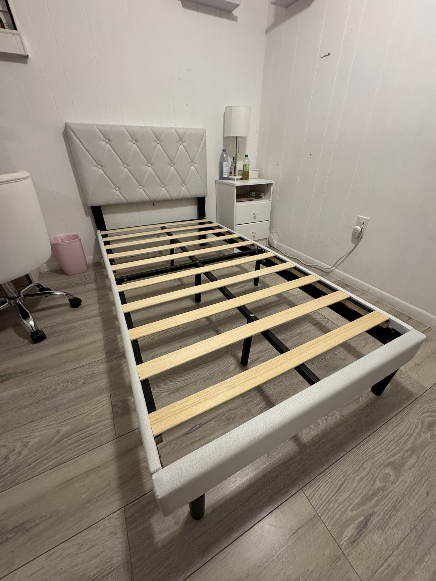 Twin Size Bed + Twin Mattress + White Bed Sheets