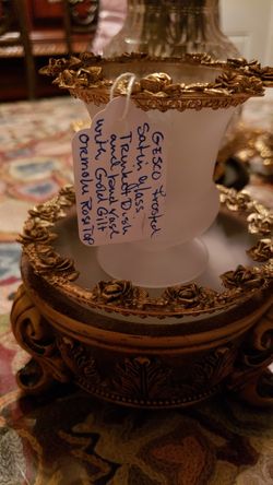 GESCO vintage frosted satin glass trinket dish with Bud vase gold Gilt ormolu Rose top