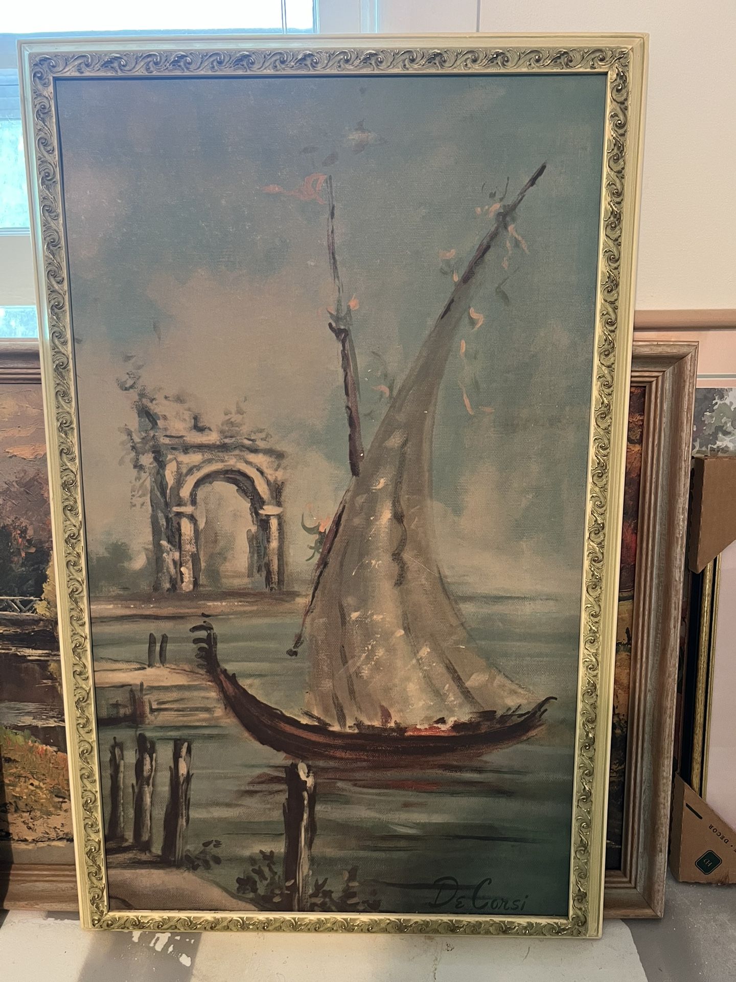 Mid Century Framed Sailboat Print De Corsi Entrata Del Lago Vintage Art