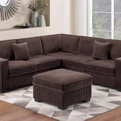 BROWN CORDUROY SECTIONAL WITH OTTOMAN 