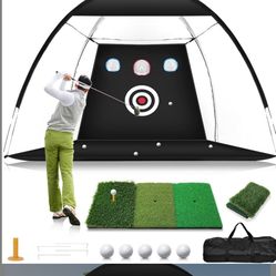 Golf Net, 10x7FT Home Golf Hitting Aids Equipment with Foldable Tri-Turf Mat for Backyard Driving Chipping Swing with Training Target/Balls/Tee for Ou