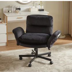 Velour Thick Cushioned Cross-Legged Office Chair in Black with Adjustable Padded Arms, Mid Back Vanity Chair for Bedroom