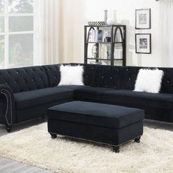 Black Velvet Sectional Glam With Crystal Tufting White Pillows And Ottoman Included