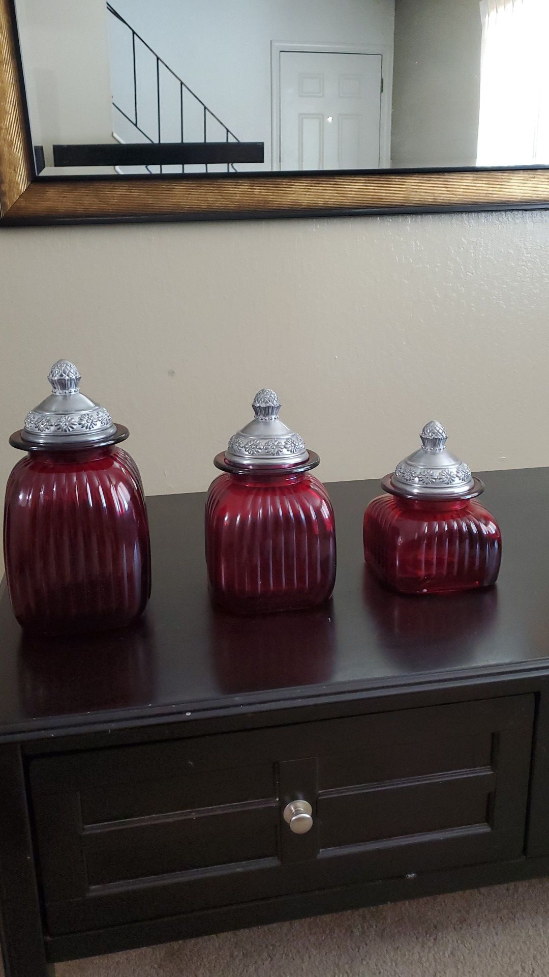 Three Red Stained glass storage containers