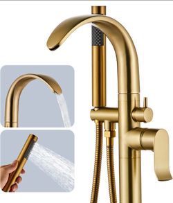 SONMAJIA Freestanding Tub Filler Bathtub Faucet Stand Alone Gold Waterfall High Flow Brass Brushed Gold, Stand up Unique Floor Mounted Modern Tub Fauc
