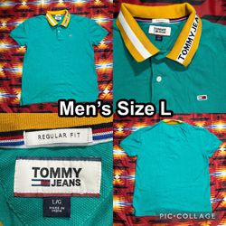 Tommy Jeans Tommy Hilfiger Men's Size Large Turquoise Blue Yellow Polo Shirt