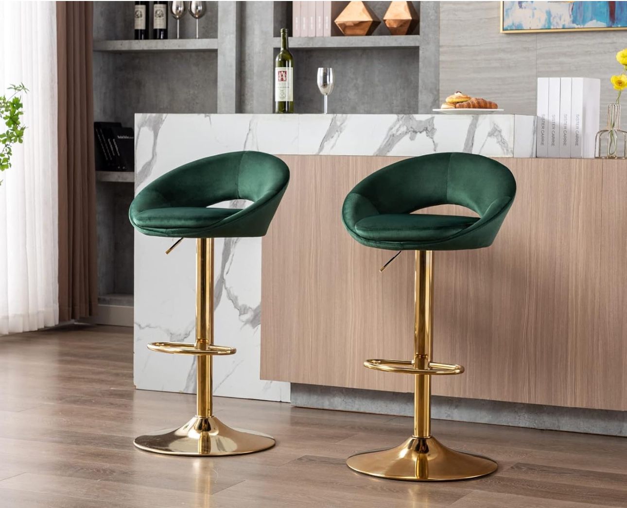 Counter Height Bar Stools Set of 2 Swivel Barstools with Low Back Modern Adjustable Bar Chairs with Gold Base Upholstered Velvet Comfortable Kitchen I