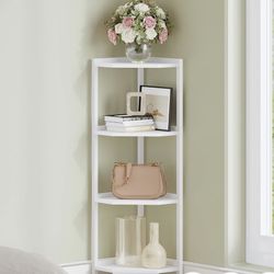 Corner Shelf Stand, Corner Bookshelf, Storage Standing Shelf Unit with Metal Frame, Plant Stand, Bookcase for Living Room, Home Office, Bedroom, 4-Tie