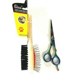 Dog Pet Grooming Multi Color Hair Scissors Shears + Double Sided Hair Brush 2pcs