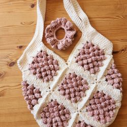 Handmade Crochet Set – Popcorn Granny Square Bag + Pink Crochet Crunchy