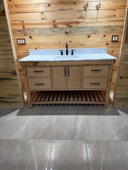 60” Rustic Wood Single-Sink Vanity MarbleStyle Top One of a Kind❤️‍🔥
