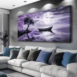 Keliyuan Wall Art For Living Room Canvas 20"X40" Purple Moon Light Boat Lake Tree A540