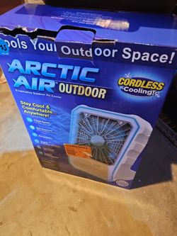 Attic Air rechargeable fan with different color LED LIGHT WITH MISTING SYSTEM TO COOLE FASTER  CAN CONNECT DIRECTLY TO GARDEN HOSE OR FILL UP THE FAN 