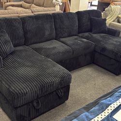 Double Chaise Sectional In Black Corduroy With Storage 