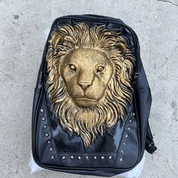 3D Animal Head Backpack, Studded PU Leather Cool Laptop Backpack College Bookbag 3D lions head backpack gold and black 