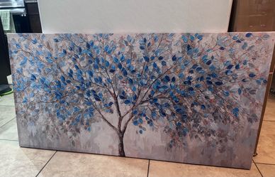 Blue and white tree leaves wall art canvas