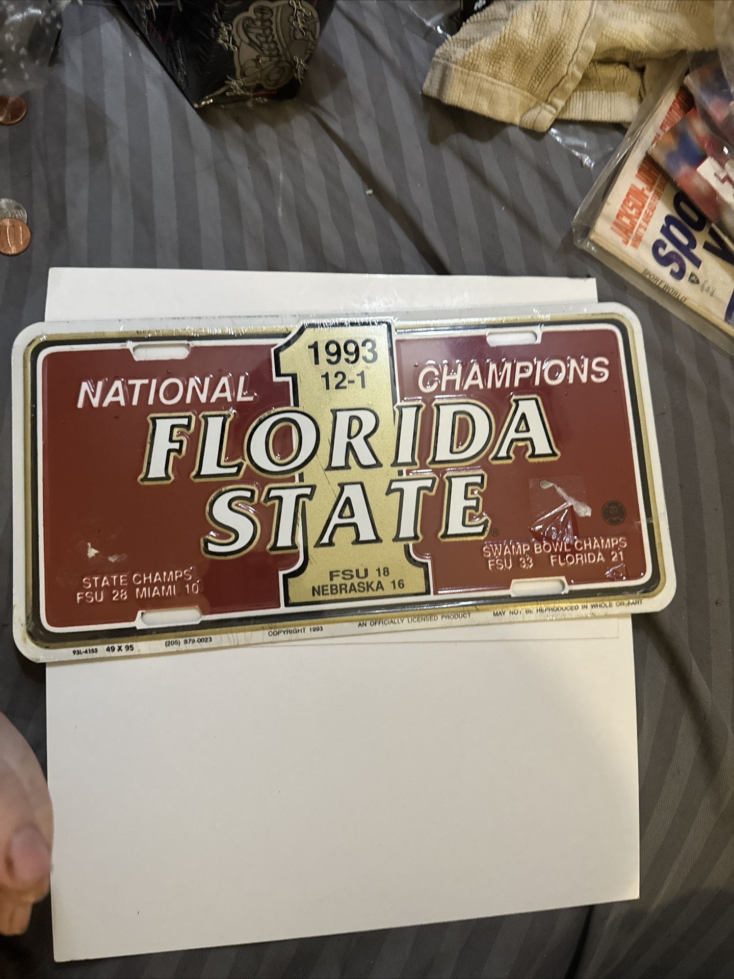 Florida state University FSU 1993 National Champs Vintage Front License Plate FL