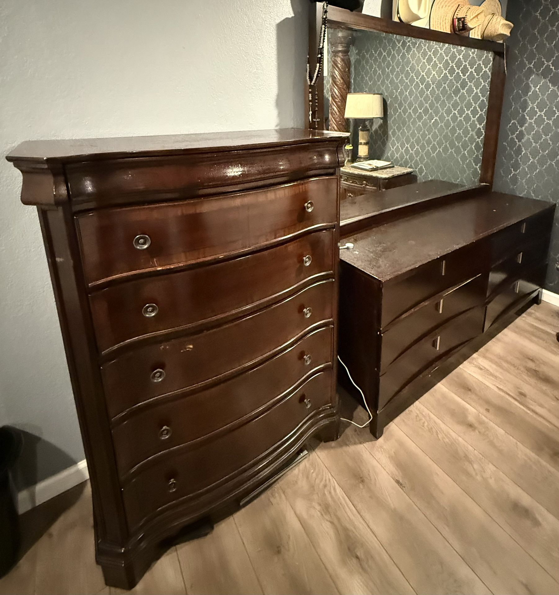 Cal King Bed Frame And Both Dresser With Mirror 