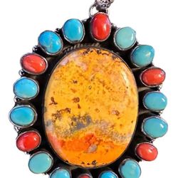 Vintage Navajo Sterling Turquoise Coral Bumble Bee Jasper Cluster Pendant