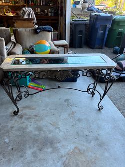 Wrought Iron Console Table with Stone and Glass Top
