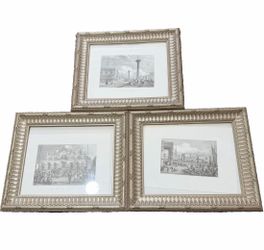 Set of 3 Vintage Architectural Framed Art Prints 13x11 Gold Champagne Gallery