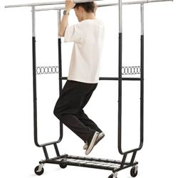 LIFEFAIR Clothes Rack Heavy Duty Load 600Lbs, Rolling Clothing Racks for Hanging Clothes, Commercial Double Rail Garment Rack, Collapsible ＆ Portable 