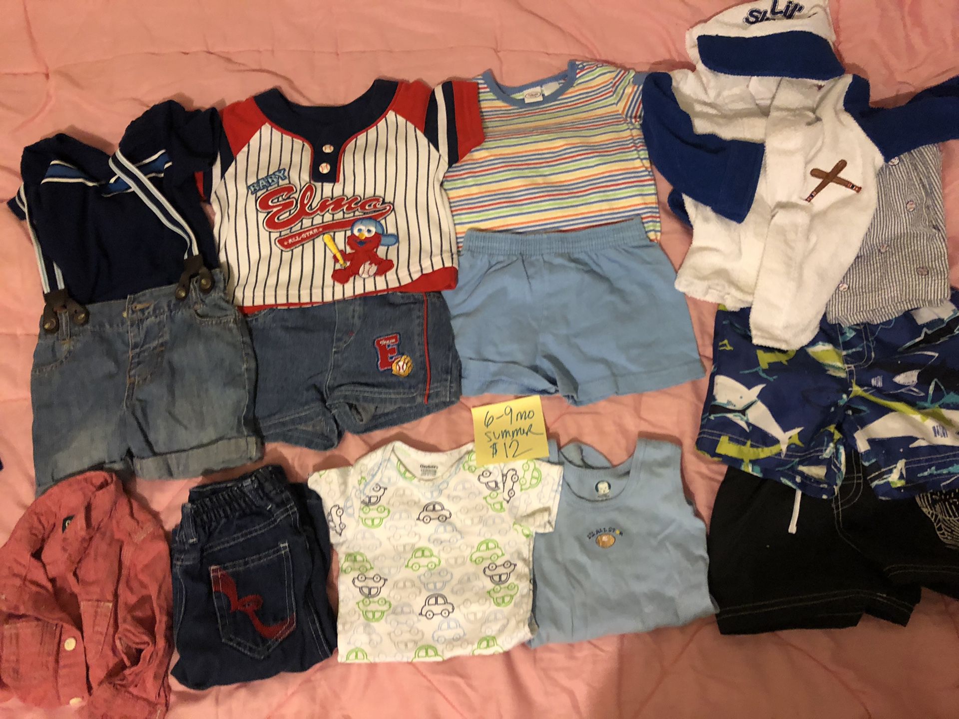 Boys 6-9 month summer outfits, swim trunks, and onesies