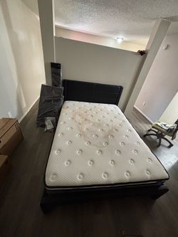 Queen Bed Frame w/ Headboard & Mattress – Must Pick Up Today