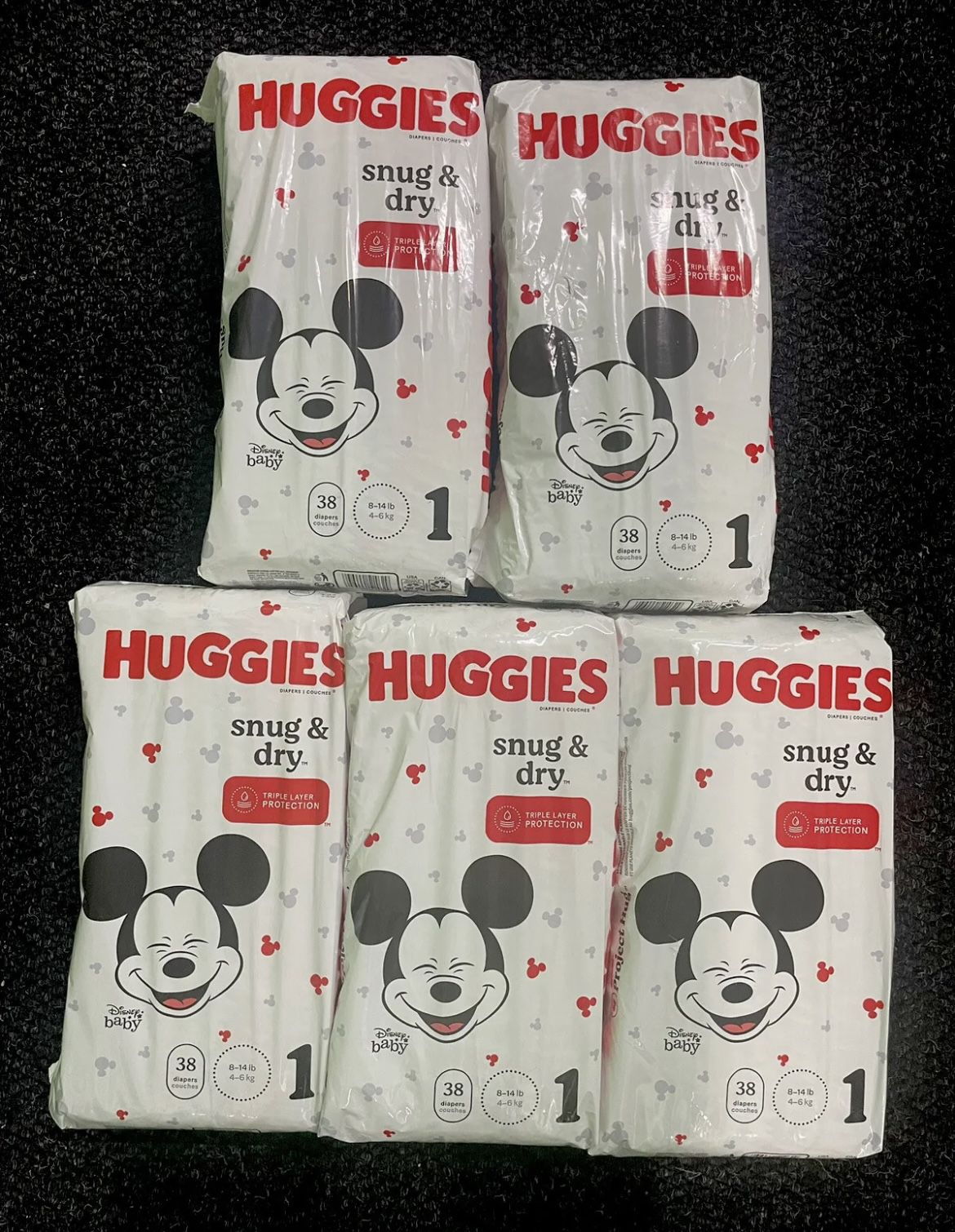Lot Of 5 ~ Huggies Snug & Dry Baby Diapers Size 1 (8-14lbs) 38ct Each)